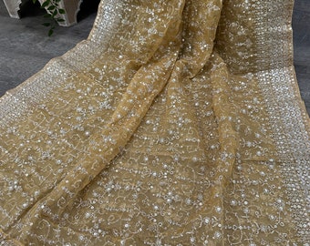 Embroiderd Beige Gold Organza Dupatta /Stole /Wrap, Free Shipping in US