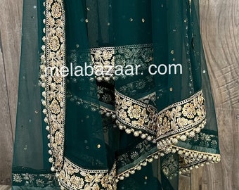Bridal Dark Pine Green Net Dupatta /Stole/Wrap/Free Shipping in US