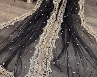 Black Net Dupatta with Sequins / Free Shipping in US