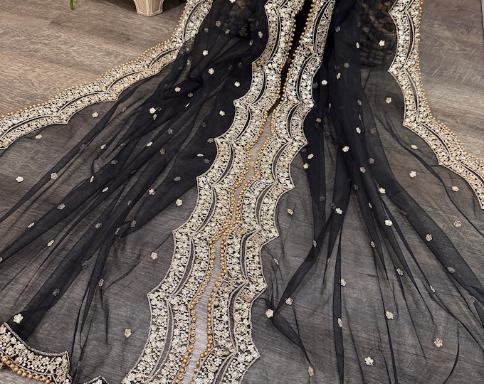 Featured listing image: Black Net Dupatta with Sequins / Free Shipping in US