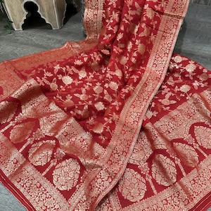 Red Georgette Banarasi Dupatta /Stole/Wrap/ Free Shipping in US