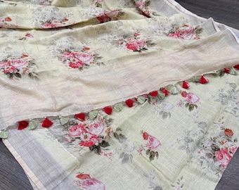 Butter Cream Floral Pure Linen Saree / 100 count linen saree / Free Shipping In US