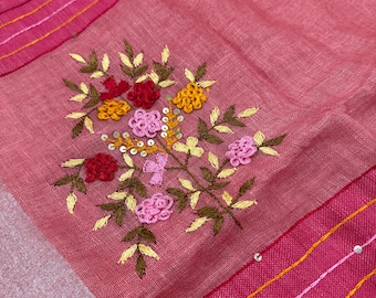 Pink Pure Linen Saree Embroidered / 100 count linen saree / Free Shipping In US