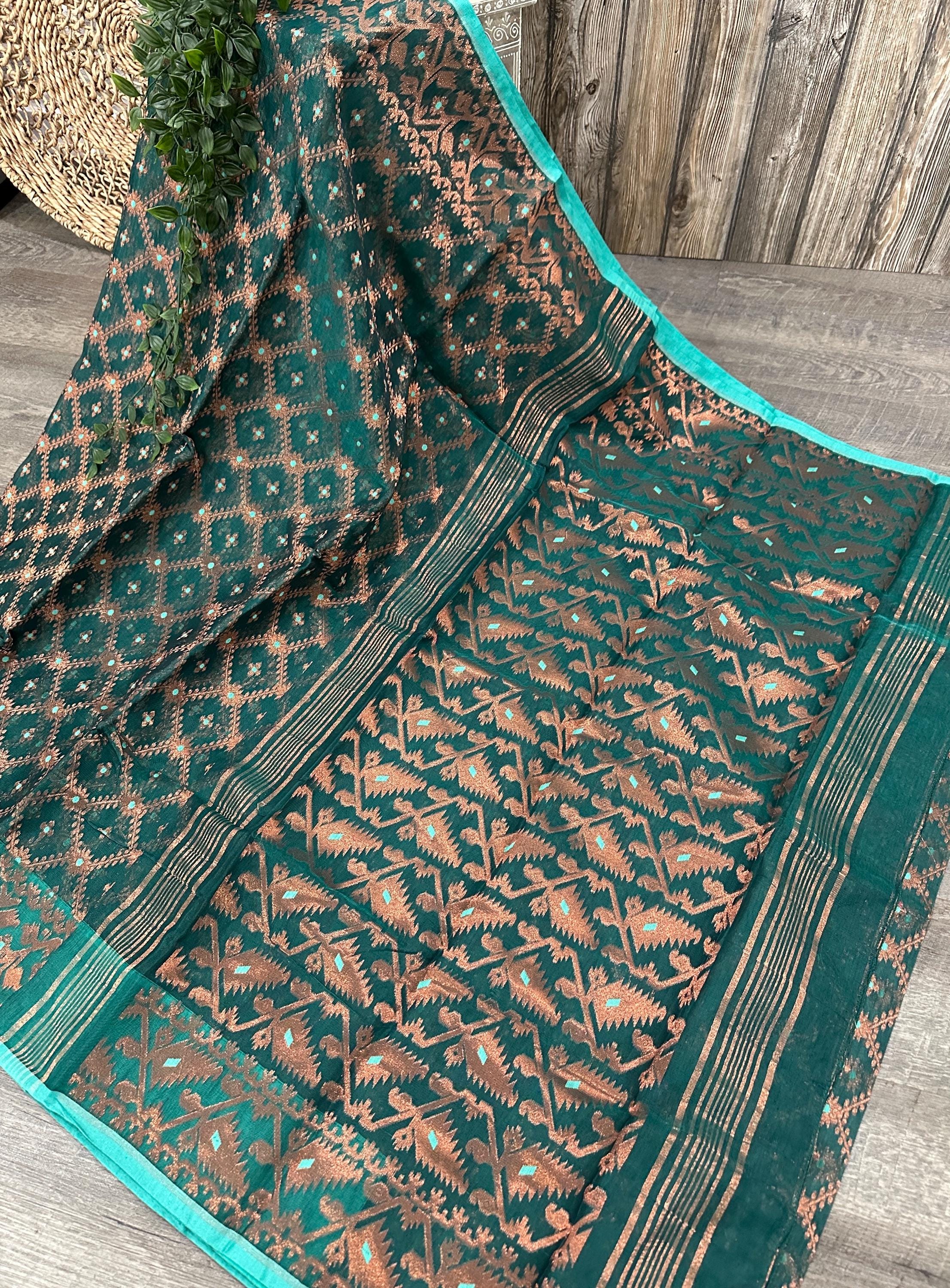 Copper and Peacock Green Jamdani Saree / Fall Attached/ Free