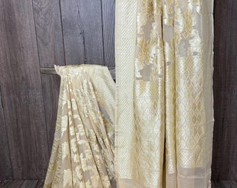 Biege Gold Banarsi Pure Silk Chiffon Saree / Free Shipping in US