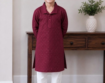 Soft Rayon Boys Kurta Pajama Set in Burgundy / Hakoba Embroidered with Sequins / Ships from Ohio