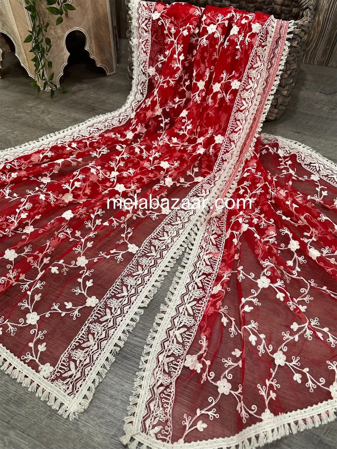 Red Embroidered Net Dupatta /stole/wrap, Free Shipping in US Etsy