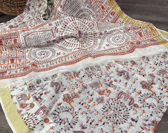 White Silk Linen Tribal Print Saree /Free Shipping In US