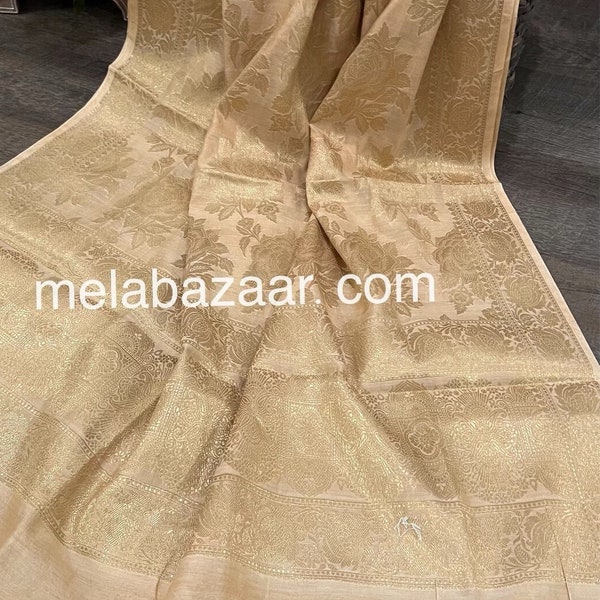 Tan and Gold Banarsi Dupatta on Cotton Silk / Stole/ Free Shipping in US