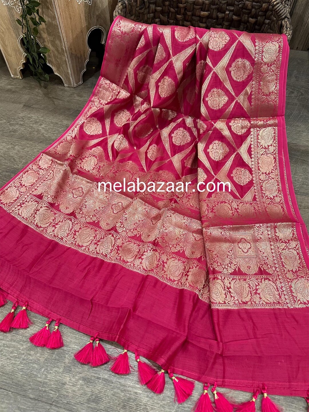 Pink - Handloom Chanderi Silk Sanganeri Print Dupatta 53