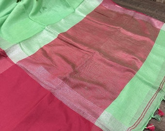 Mint Green Pure Linen Saree with Broad Border / 100 Count / Free Shipping In US