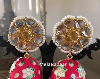 Kundan, Meenakari and Pearls Jhumka/ Indian Earrings / Free Shipping in US