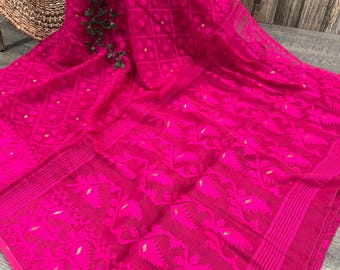Hot Pink Jamdani Saree / Fall Attached/ Free Shipping in US