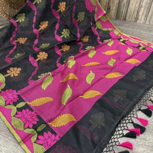 Banarasi Saree Black Cotton Silk / Fall Attached/ Free Shipping In US
