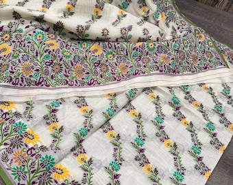 Cream and Multicolor Floral Cotton Silk Saree /  Free Shipping In US
