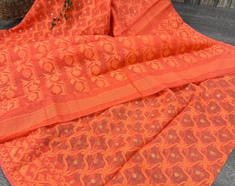 Peachy Orange Jamdani Saree / Fall Attached /Free Shipping In US