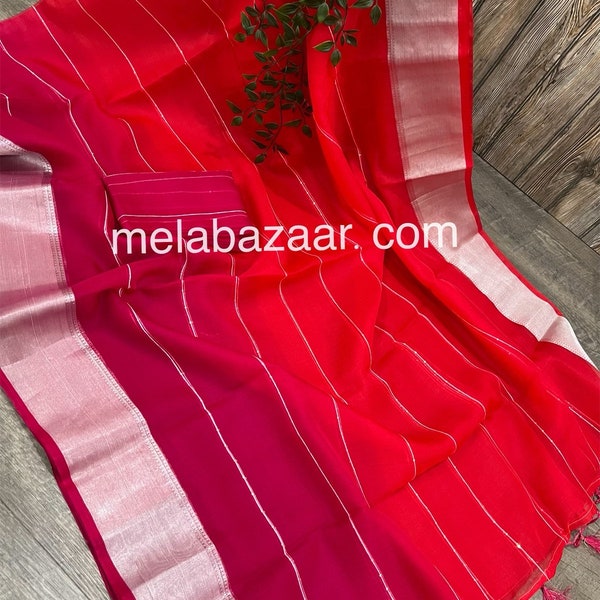 Lightweight Red and Pink Organza Saree / Free Shipping In US