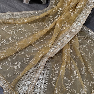 Embroidered Organza Honey Gold Dupatta /Stole /Wrap, Free Shipping in US