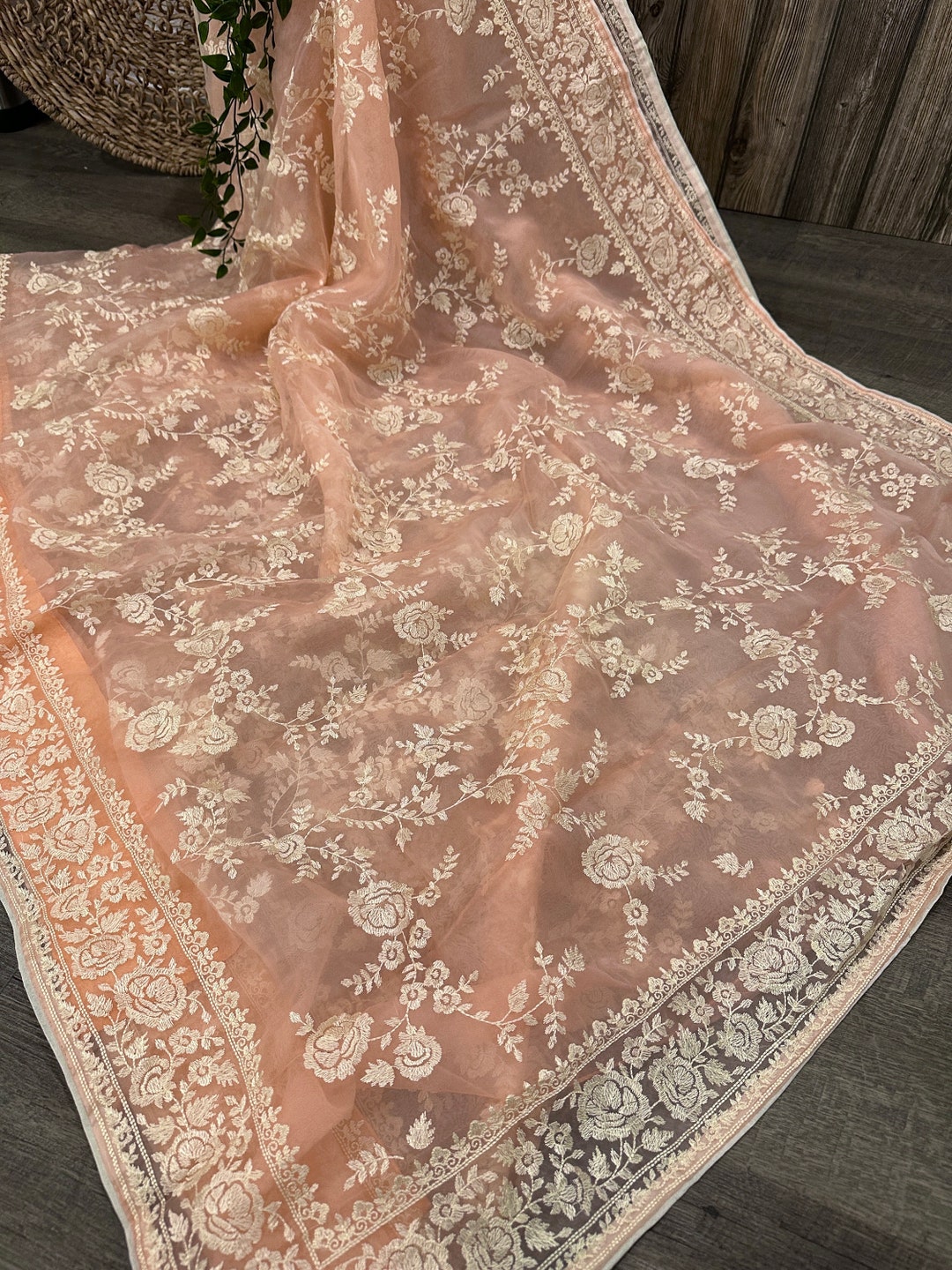 Peach Organza Tissue Saree With Beaded Scallop