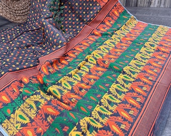Half and Half Dark Gray Jamdani Saree / Fall Attached/ Free Shipping in US
