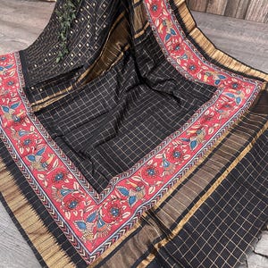 Schwarzer Jute Seide Saree mit Kalamkari Druck / Veganer Saree / Herbst angebracht / Kostenloser Versand in den USA