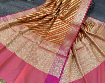 Striped Orange Banarasi Dupatta /Silk Stole/Wrap/ Free Shipping in US