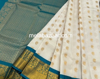 Teal and White Pure Silk Kanjivaram Saree / Silk Mark Certified / Free Shipping In US
