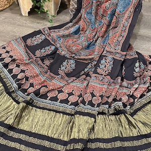 Blue Red Ajrakh Dupatta on Modal Silk / Scarf / Stole / Free Shipping in US