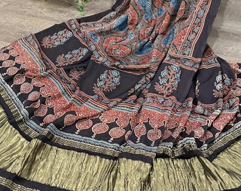 Blue Red Ajrakh Dupatta on Modal Silk / Scarf / Stole / Free Shipping in US
