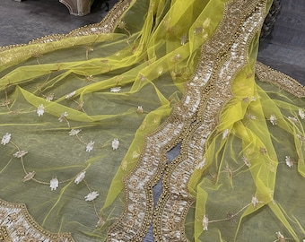 Sequins Embroidered Yellow Net Dupatta /Stole/Wrap, Free Shipping in US