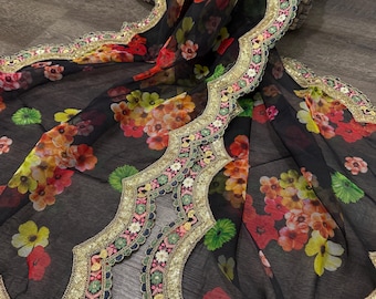 Floral Black Organza Dupatta / Shawl/Wrap, Free Shipping