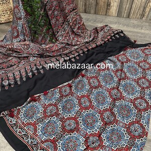 Hand Printed Ajrakh Modal Silk Saree / Free Shipping in US