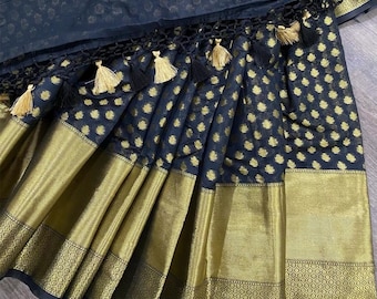 Black Banarasi Saree Cotton Silk / Fall Attached/ Free Shipping In US
