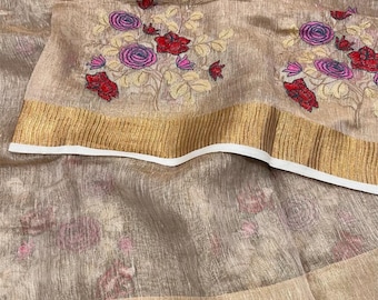 Embroidered Copper Linen Tissue Saree / Free Shipping In US
