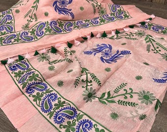Embroidered Pink Silk Linen Saree /Free Shipping In US