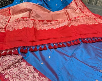 Blue Banarasi Handloom Saree /Pure Katan Silk Free Shipping In US
