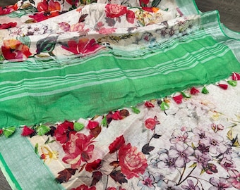 Floral Pure Linen Saree / Floral print saree /100 count linen / Free Shipping In US