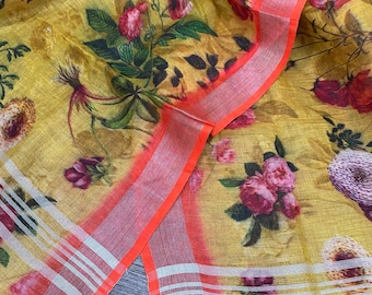 Mustard Yellow Pure Linen Floral Dupatta /Stole/Wrap, Free Shipping in US