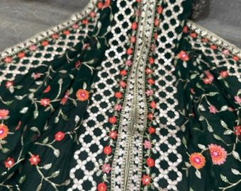 Embroidered Bottle Green Georgette Dupatta / Stole/Wrap/Free Shipping in US
