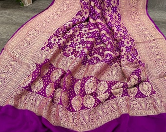 Purple Bandhej Banarsi Dupatta /Stole/Wrap/ Pure Silk Georgette / Free Shipping in US
