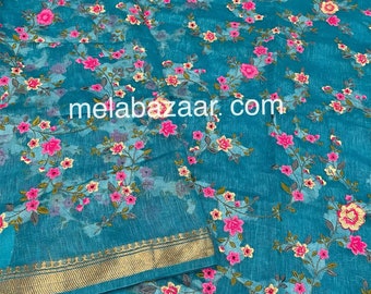 Blue Silk Linen Saree / Embroidered Saree / Free Shipping In US