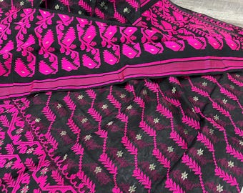 Hot Pink and Black Jamdani Saree / Fall Attached/ Free Shipping in US