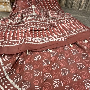 Helle Ziegelfarbe Baumwolle Saree / Hand bedruckt / Kostenloser Versand in den USA