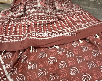 Light Brick Color Cotton Saree / Hand Printed / Free Shipping in US