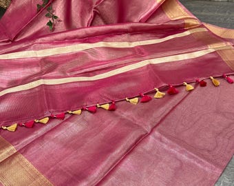 Pink and Gold Tissue Banarasi Saree / Vegan Saree /Fall attached /Free Shipping In US