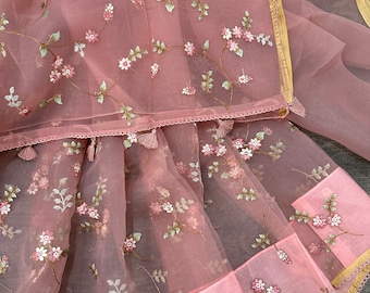 Pink Embroidered Muslin Jamdani Saree /Free Shipping In US