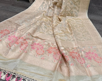 Light Gold Banarasi Pure SIlk Tissue Dupatta  / Shawl /Wrap/ Free Shipping In US