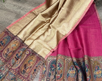 Pink and gold reversible wool blend stole with Kaani weaving / Free Shipping in US