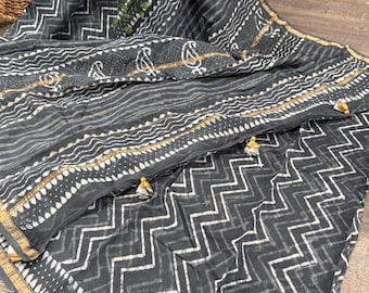 Hand Printed Gray Chanderi Silk Cotton Saree /Fall Attached /Free Shipping In US