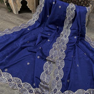 Royal blue embroidered dupatta on vegan crepe silk / stole / wrap / Free Shipping in US